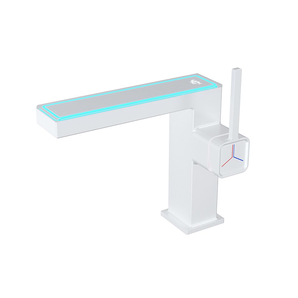Temperature Display and LED Lighting Deck Mounted White Colour Hot and Cold Basin Mixer Faucets Temperature Display and LED Lighting Deck Mounted Temperature Display and LED Lighting Deck Mounted White Colour Hot and Cold Basin Mixer Faucets