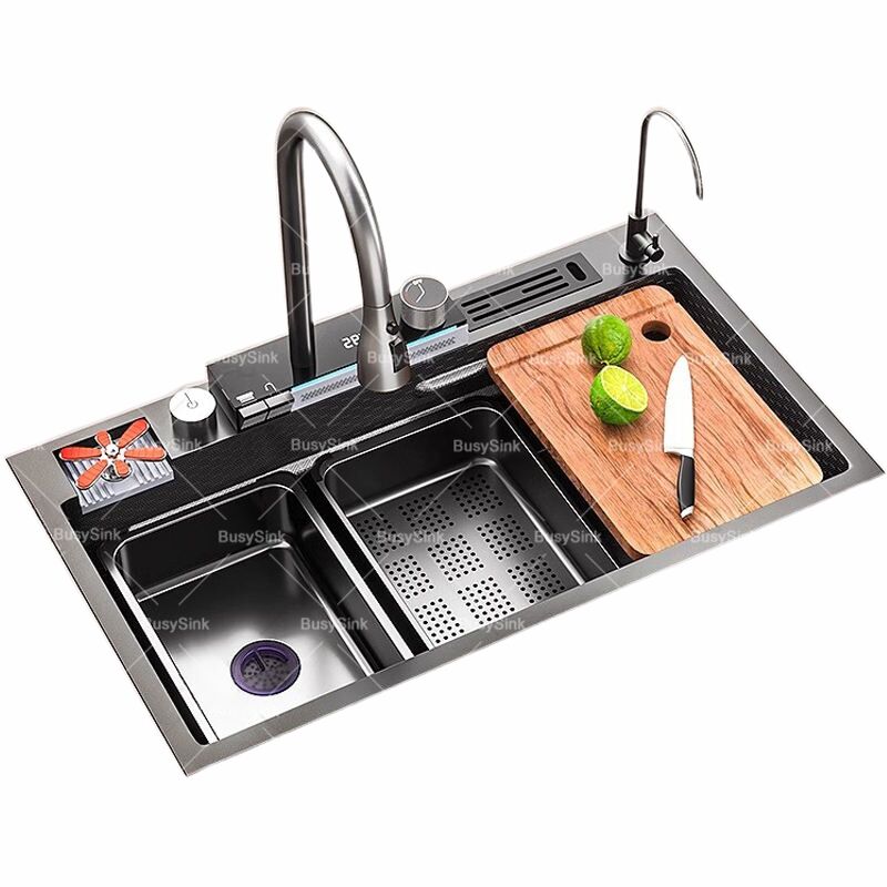 Upgraded Black Modern Smart Kitchen Stainless Steel Sink with Waterfall Digital Display Faucet for Above Counter Basin Kitchen Upgraded Black Modern Smart Kitchen Stainless Steel Upgraded Black Modern Smart Kitchen Stainless Steel Sink with Waterfall Digital Display Faucet for Above Counter Basin Kitchen