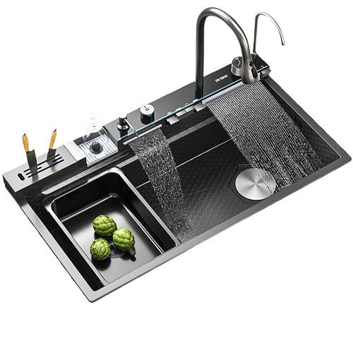Smart Black Nano Honeycomb Stainless Steel Sink with Knife Holder Double Waterfall Faucet Suitable for Hotel Kitchen Upgraded Smart Black Nano Honeycomb Stainless Steel Smart Black Nano Honeycomb Stainless Steel Sink with Knife Holder Double Waterfall Faucet Suitable for Hotel Kitchen