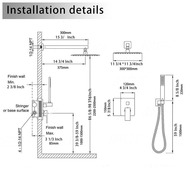 Bathroom shower system 12 inches ainfall shower head with handheld wall mounted washroom chrome shower set 10 Inches Bathroom Luxury Rain Mixer Shower Combo Set Wall Mounted Rainfall Shower Head System Chrome Mirror Finish Faucet 9 Wall Mounted Rainfall Shower Head System Installation Details