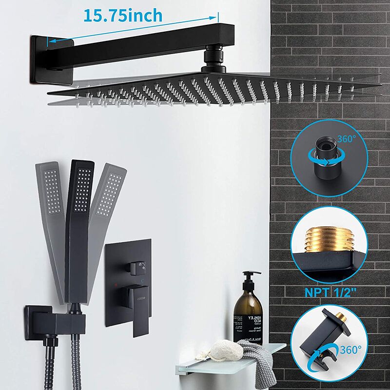 Bathroom shower system 12 inches ainfall shower head with handheld wall mounted washroom chrome shower set China shower faucet factory wholesale black concealed shower set hot and cold dual function wall in wall shower with embedded shower 3 SW005 Bathroom shower system 12 inches ainfall shower head with handheld wall mounted washroom chrome shower set - Image 8