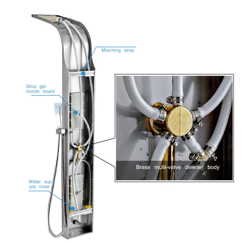 Modern hotel 304 stainless steel massage spa rain bathroom wall mount shower column mixer faucet shower panel Professional manufacture rainfall and waterfall shower head water saving big shower system wall mounted shower panel 3 Shower system wall mounted shower panel product Brass multi-valve diverter body
