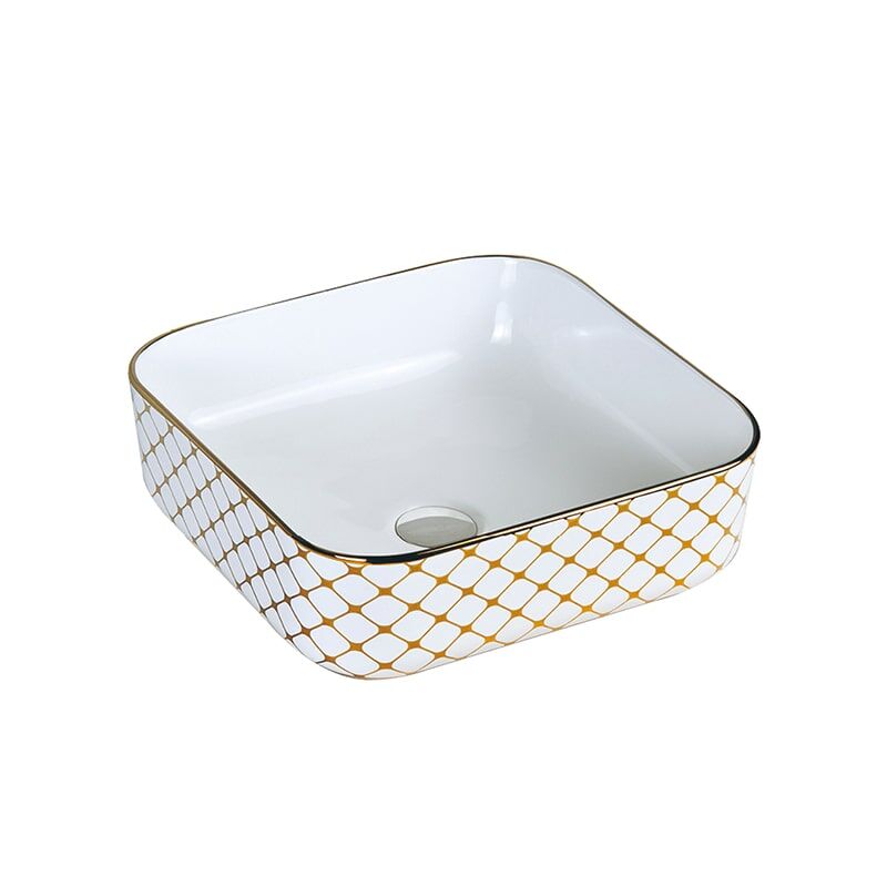 China Hot Sale New Square Electropating Golden Edge Art Basin Hotel MP Ceramic 0343 Luxury square bathroom vanity 7 Best Selling Single Hole Square Gold Print Ceramic Bathroom Art Basin