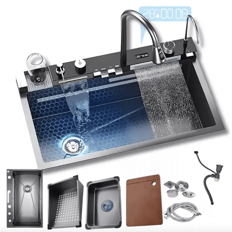 304 Kitchen Sink Multifunction LED Digital Display With Pull-Out Faucet Anti-Scratch Stainless Steel Kitchen Sinks 304 Kitchen Sink Multifunction LED Digital 304 Kitchen Sink Multifunction LED Digital Display With Pull-Out Faucet Anti-Scratch Stainless Steel Kitchen Sinks