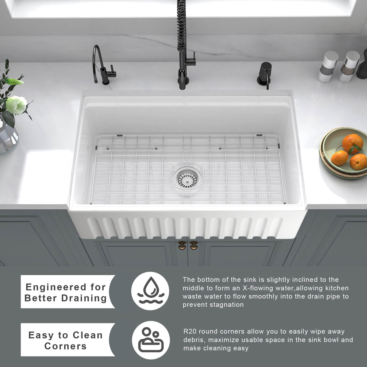 Rectangular Kitchen Sink Ceramic Solid Cast Sink Fireclay White Glazed Basin Without Faucet 33 L x 20 W Farmhouse Kitchen Sink FKS3320R 9 Rectangular Kitchen Sink Ceramic Solid Cast Sink Fireclay White Glazed Basin Without Faucet - Image 4