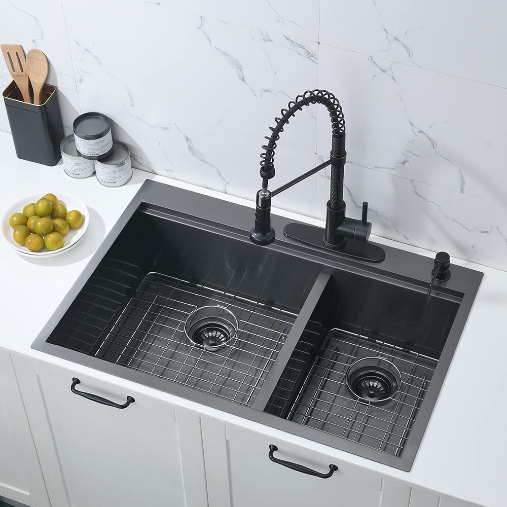 10 Inch 60/40 Workstation Ledge Double Bowl Gun Black Stainless Steel Topmount Kitchen Sink 33 X 22 X 10 Inch 60 10 Inch 60/40 Workstation Ledge Double Bowl Gun Black Stainless Steel Topmount Kitchen Sink