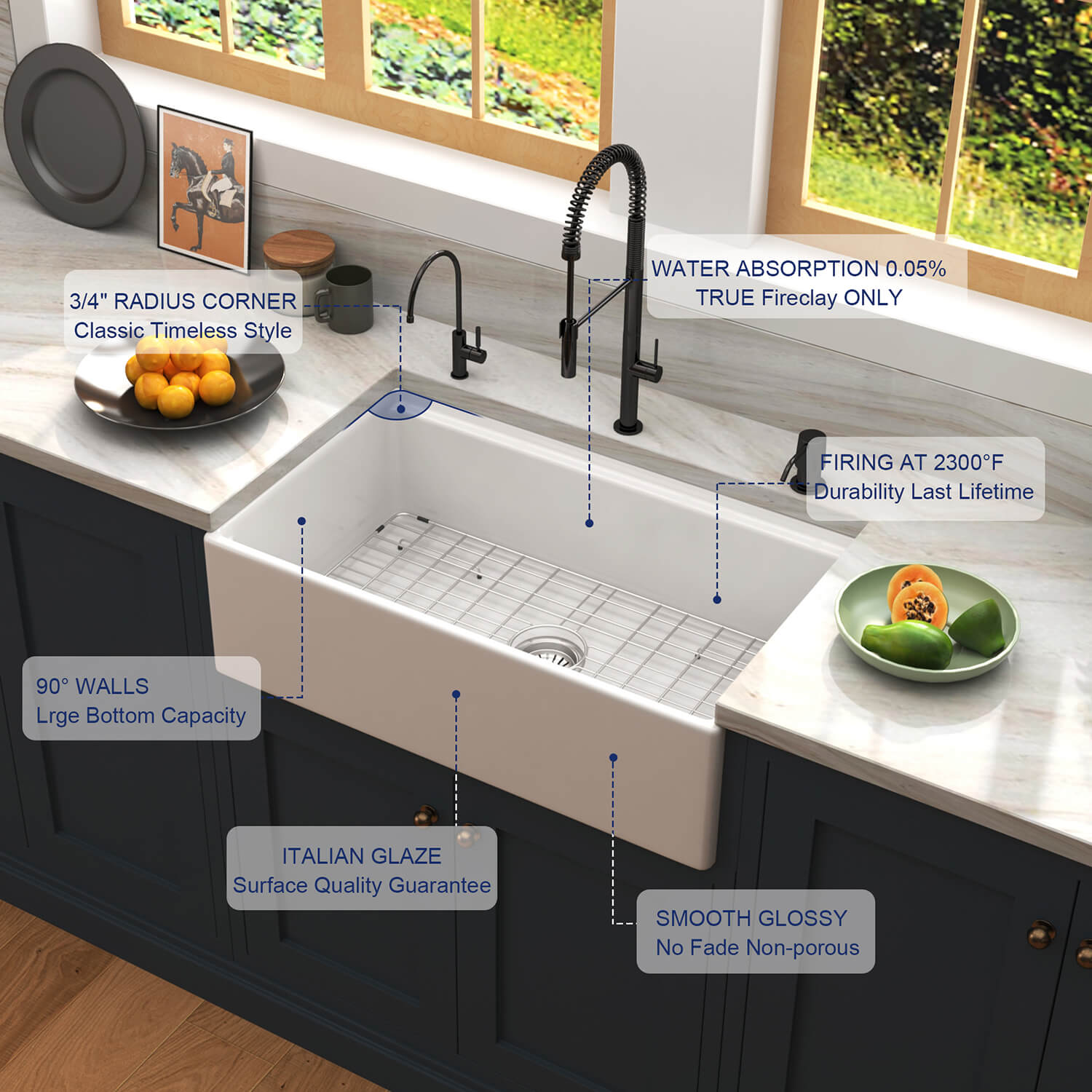 Rectangular Kitchen Sink Ceramic Solid Cast Sink Fireclay White Glazed Basin Without Faucet 36 L x 20 W Farmhouse Kitchen Sink FKS3620 6 Rectangular Kitchen Sink Ceramic Solid Cast Sink Fireclay White Glazed Basin Without Faucet - Image 12