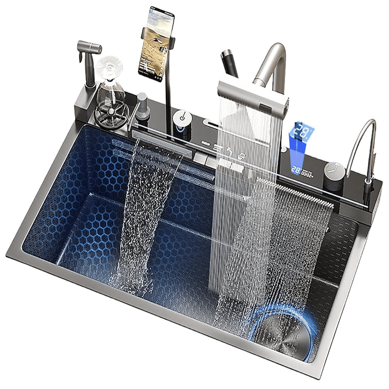 Modern Smart Kitchen Sink 304 Stainless Steel Single Bowl Kitchen Sinks Digital Display Waterfall Sink BOOMING Modern Smart Kitchen Sink 304 Modern Smart Kitchen Sink 304 Stainless Steel Single Bowl Kitchen Sinks Digital Display Waterfall Sink