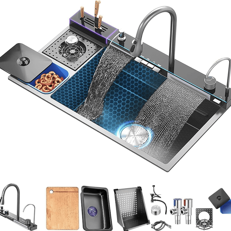 Black Modern Smart Kitchen Nano Stainless Steel Multifunctional Waterfall Sinks with Double Faucet for Restaurant Black Modern Smart Kitchen Nano Stainless Black Modern Smart Kitchen Nano Stainless Steel Multifunctional Waterfall Sinks with Double Faucet for Restaurant