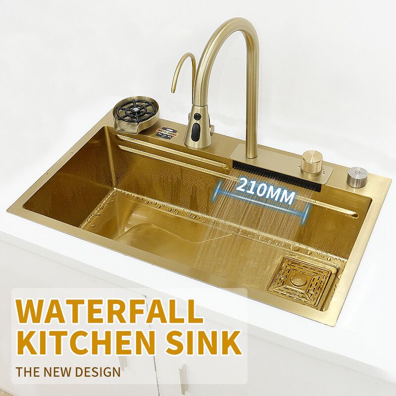 Gold Waterfall Sink 304 Stainless Steel Faucet Handmade Multifunctional Kitchen Sink Gold Waterfall Sink 304 Stainless Steel Faucet Gold Waterfall Sink 304 Stainless Steel Faucet Handmade Multifunctional Kitchen Sink