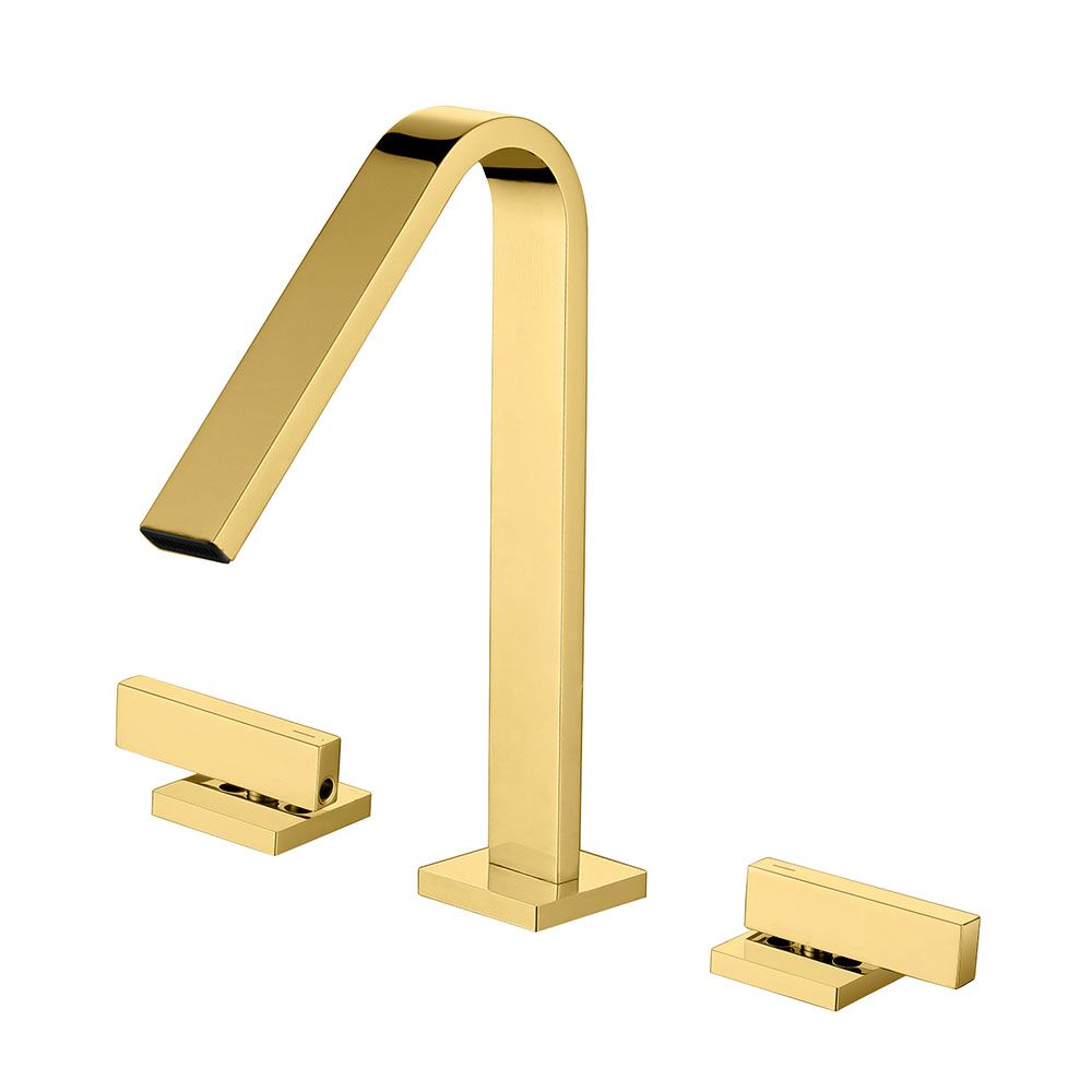 Golden Finished Double Handles Solid Brass Deck Mounted Basin Faucet Hot and Cold Bathroom Taps Golden Finished Double Handles Solid Brass Deck Golden Finished Double Handles Solid Brass Deck Mounted Basin Faucet Hot and Cold Bathroom Taps
