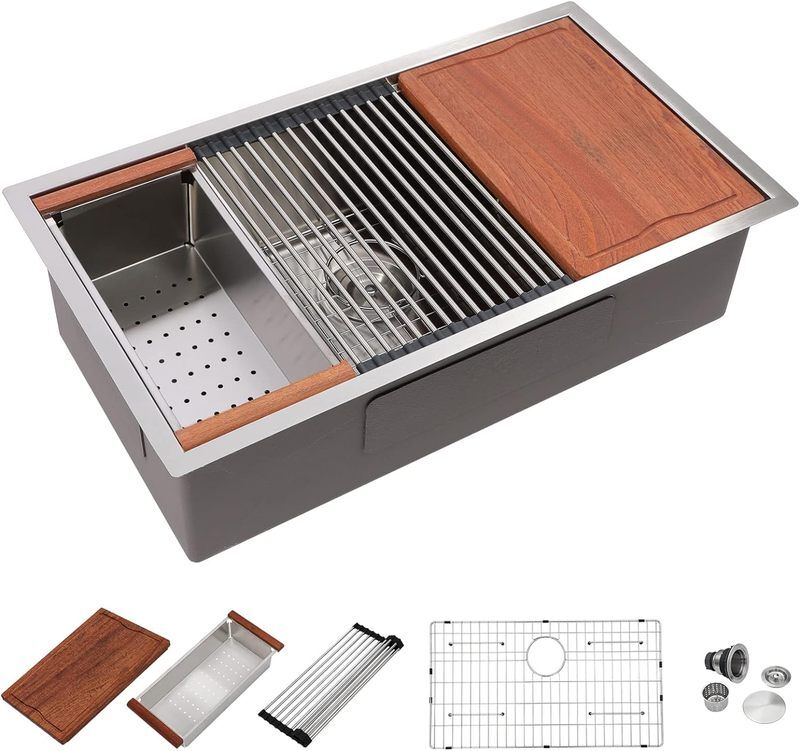 Hot Sale Kitchen Sink Workstation 16 Gauge 304 Stainless Steel Large Single Bowl Under Counter Brushed Sinks with Accessories Hot Sale Kitchen Sink Workstation 16 Hot Sale Kitchen Sink Workstation 16 Gauge 304 Stainless Steel Large Single Bowl Under Counter Brushed Sinks with Accessories