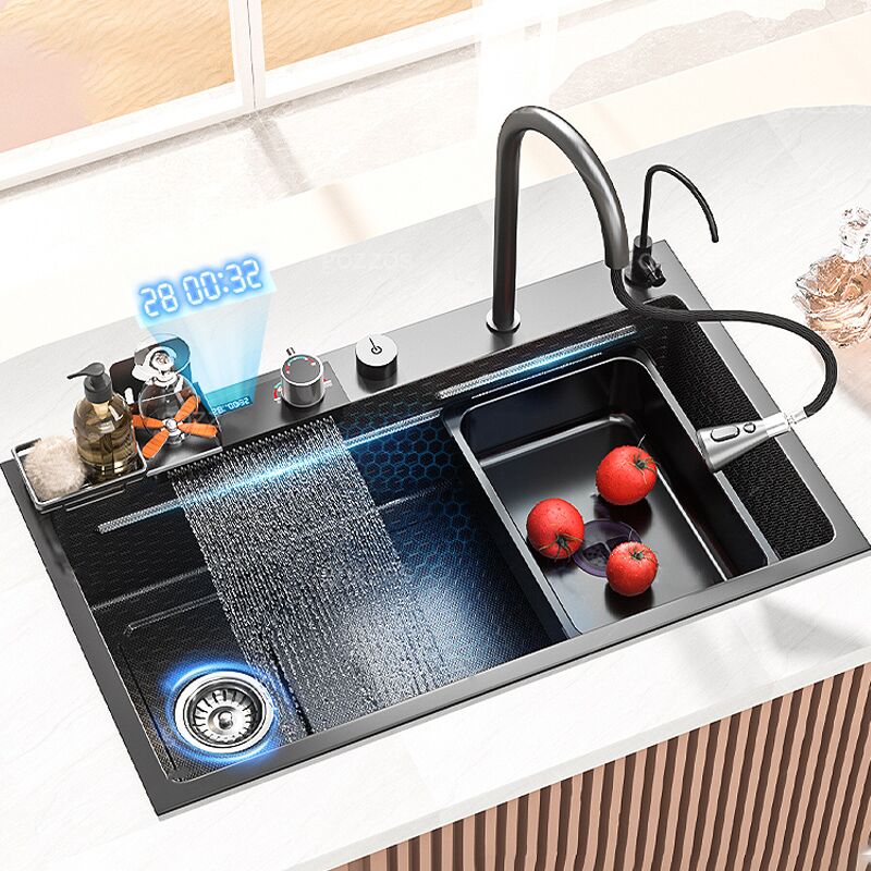 Luxury Modern Black Stainless Steel Kitchen Digital Sink with Rack Cup Washer and Waterfall Faucet for Hotel Kitchen Luxury Modern Black Stainless Steel Kitchen Digital Luxury Modern Black Stainless Steel Kitchen Digital Sink with Rack Cup Washer and Waterfall Faucet for Hotel Kitchen