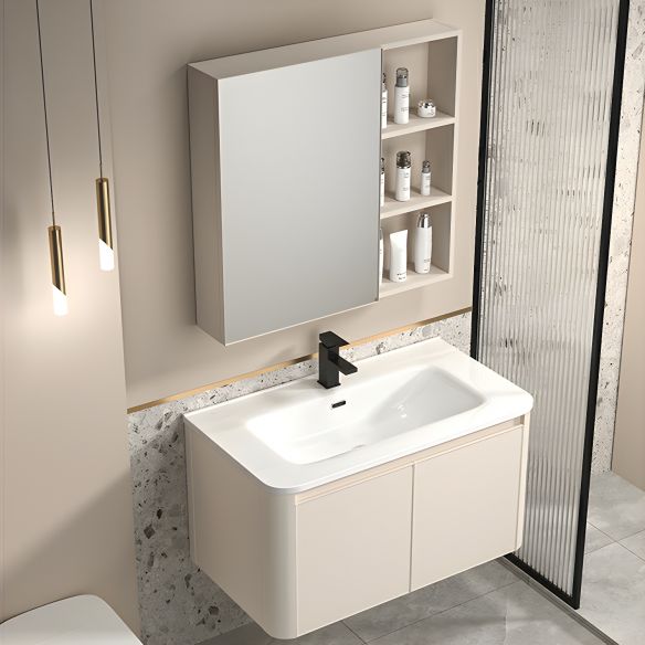 Modern Cream Bathroom Vanity with Integrated Ceramic Washbasin LED Mirror MP BC 1051 Modern Cream Bathroom Vanity with Integrated Ceramic Washbasin LED Mirror Modern Cream Bathroom Vanity with Integrated Ceramic Washbasin LED Mirror