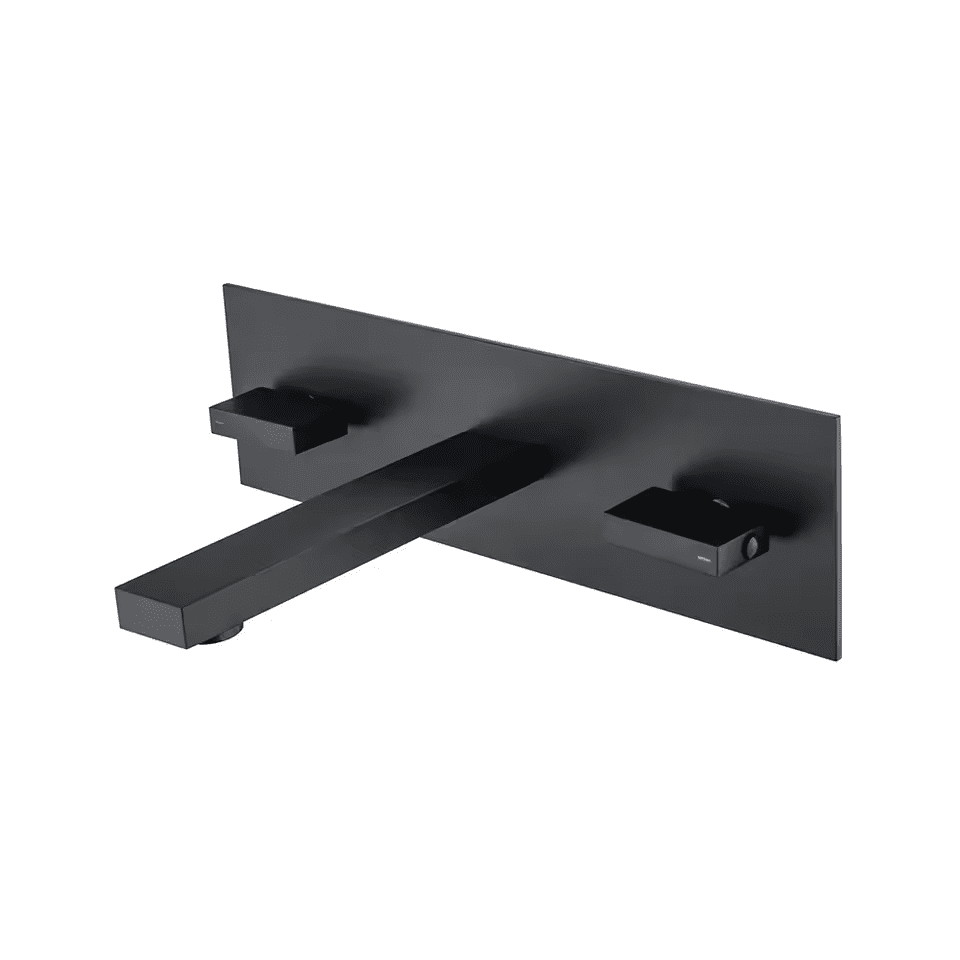 Matt Black Finished Solid Brass Wall Mounted Double Handles Basin Mixer Faucet Matt Black Finished Solid Brass Wall Mounted Matt Black Finished Solid Brass Wall Mounted Double Handles Basin Mixer Faucet