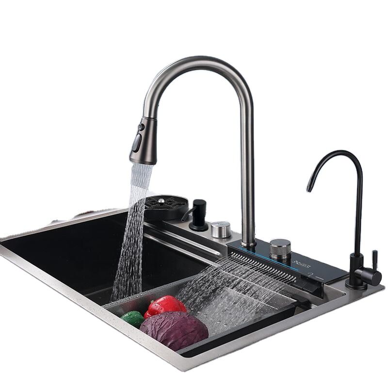 Modern 304 Stainless Steel Single Bowl Kitchen Sink with LED Digital Display Faucet Countertop Multifunctional Kitchen Sink Modern 304 Stainless Steel Single Bowl Kitchen Modern 304 Stainless Steel Single Bowl Kitchen Sink with LED Digital Display Faucet Countertop Multifunctional Kitchen Sink