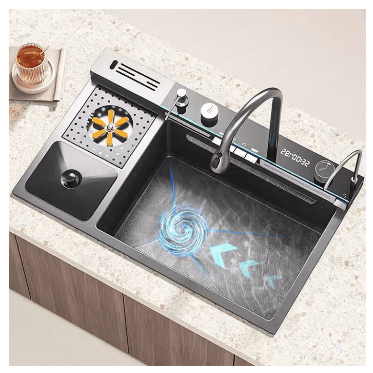 Modern Black Nano Stainless Steel Smart Kitchen Faucet Double Waterfall Multifunctional Single Bowl Three-Hole Design for Modern Black Nano Stainless Steel Smart Modern Black Nano Stainless Steel Smart Kitchen Faucet Double Waterfall Multifunctional Single Bowl Three-Hole Design for