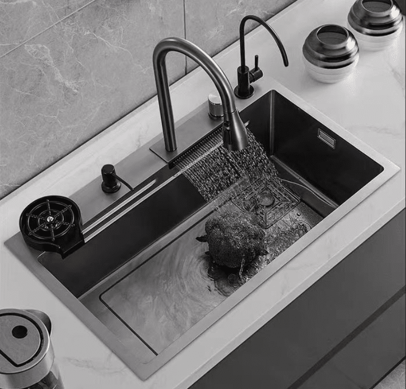 Multifunction Kitchen Sink 304 Stainless Steel Kitchen Sink Modern Black Double Rainfalls Single Bowl Kitchen Sink Multifunction Kitchen Sink 304 Stainless Steel Multifunction Kitchen Sink 304 Stainless Steel Kitchen Sink Modern Black Double Rainfalls Single Bowl Kitchen Sink