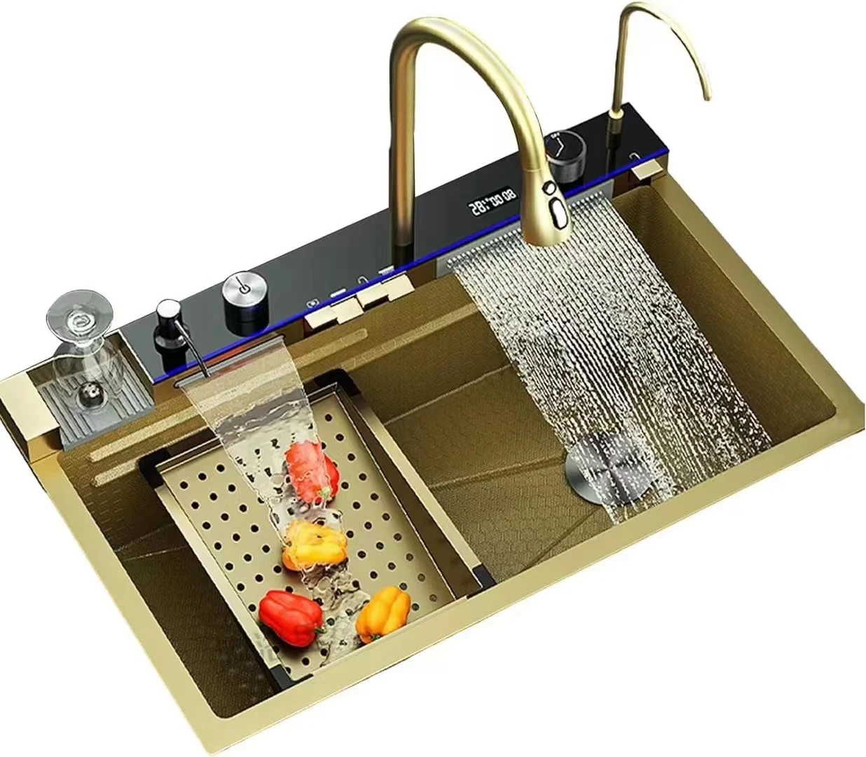 New Trend Gold Smart Kitchen Nano Stainless Steel Sink with Multi-Function Waterfall Faucet and Automatic Cup Washer for Hotel New Trend Gold Smart Kitchen Nano Stainless New Trend Gold Smart Kitchen Nano Stainless Steel Sink with Multi-Function Waterfall Faucet and Automatic Cup Washer for Hotel