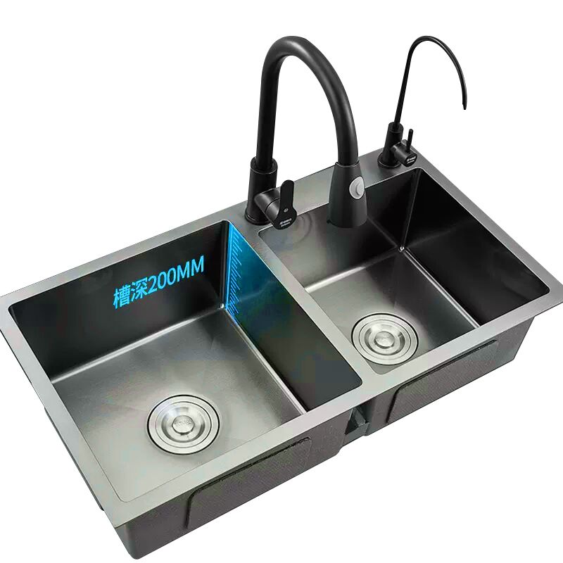 Handmade Stainless Steel Black Nano Sink No Fading Double Bowl Undermount Kitchen Sink Ousuo Hot Sale Handmade Stainless Steel Black Handmade Stainless Steel Black Nano Sink No Fading Double Bowl Undermount Kitchen Sink