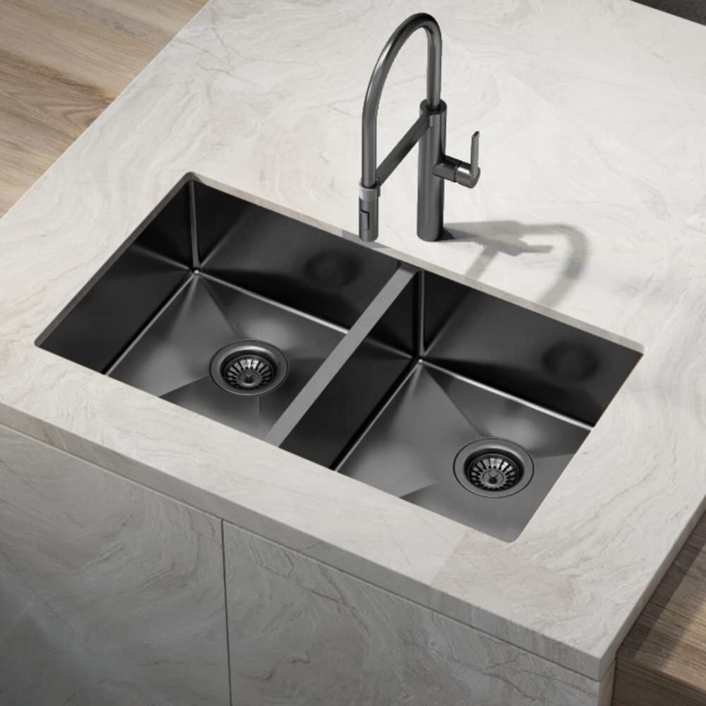 SUS304 Fregadero De Cocina Nano Double Bowl Undermount Handmade Stainless Steel Black Kitchen Sink SUS304 Fregadero De Cocina Nano Double Bowl SUS304 Fregadero De Cocina Nano Double Bowl Undermount Handmade Stainless Steel Black Kitchen Sink