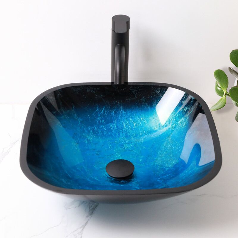 Tempered Glass Blue Vessel Bathroom Sink with Pop-up Drain Sarlai 16 L X 16 W Tempered Glass Blue Vessel Bathroom Sink with Pop-up Drain