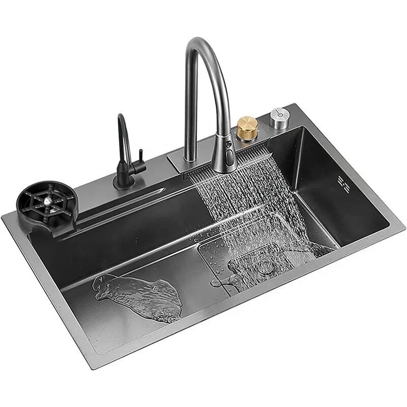 Stainless Steel 304/201 Waterfall Style Kitchen Sink, Intelligent Black High-quality Double Basin Household Sink Stainless Steel 304 201 Waterfall Style Kitchen Stainless Steel 304/201 Waterfall Style Kitchen Sink, Intelligent Black High-quality Double Basin Household Sink