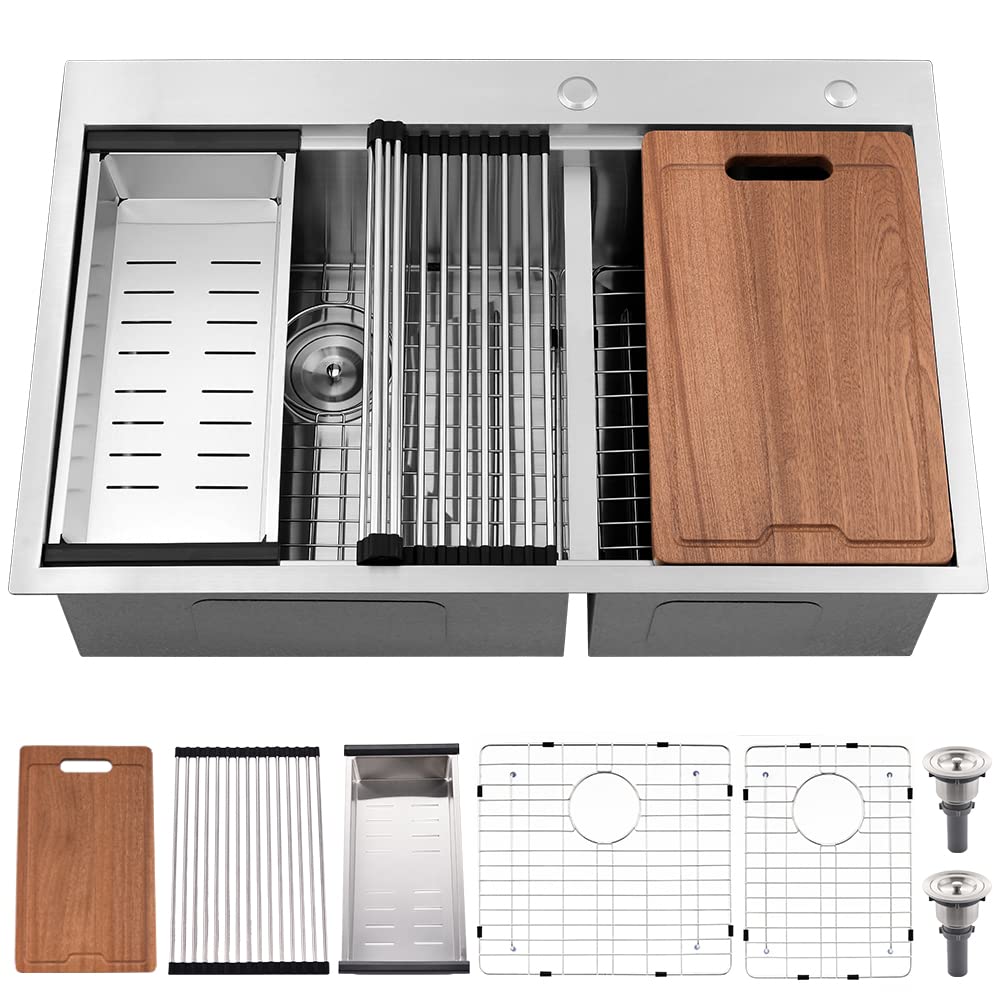 Top Mount Kitchen Sink 16 Gauge Stainless Steel 60/40 Double Bowl Sink With WorkFlow Ledge Top Mount Kitchen Sink 16 Gauge Stainless Top Mount Kitchen Sink 16 Gauge Stainless Steel 60/40 Double Bowl Sink With WorkFlow Ledge