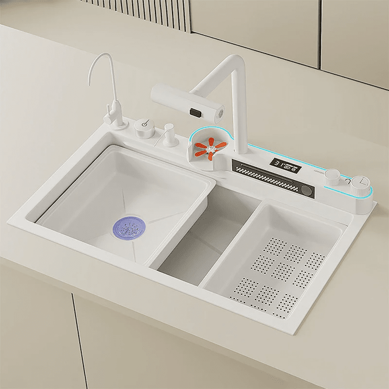 White Chinese Style Large Single Bowl Kitchen Sink Stainless Steel with Waterfall Faucet for Restaurant Kitchen White Chinese Style Large Single Bowl Kitchen White Chinese Style Large Single Bowl Kitchen Sink Stainless Steel with Waterfall Faucet for Restaurant Kitchen
