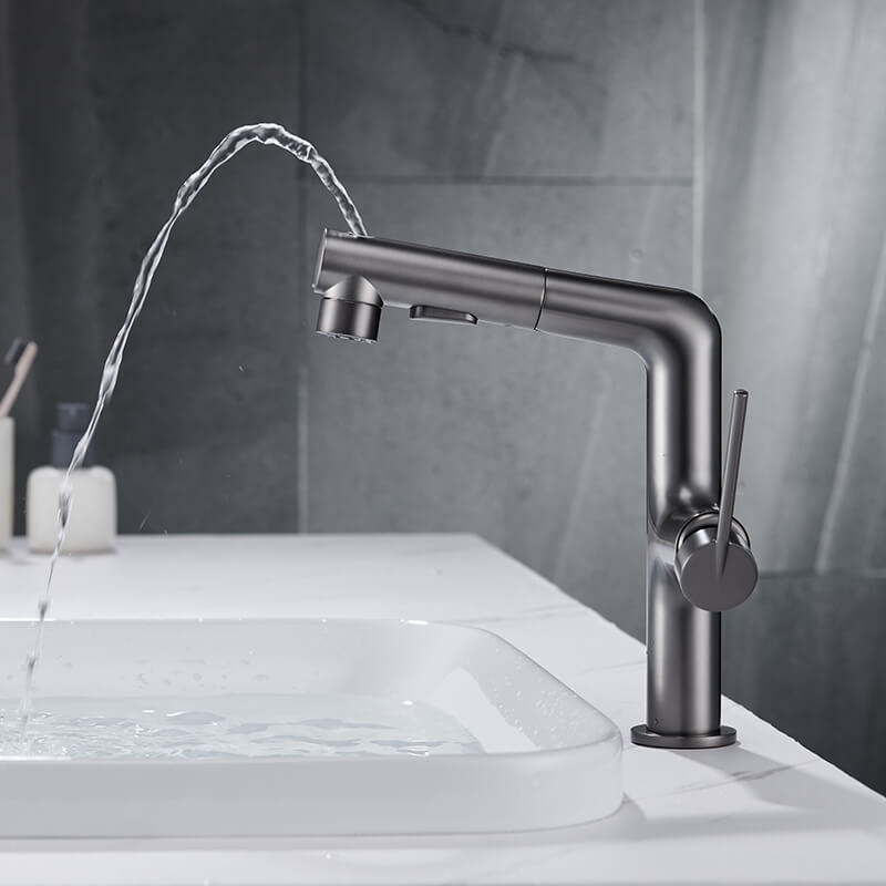 Bathroom Gunmetal Grey Rotatable Single Handle Hot And Cold Spray Pull Out Basin Sink Faucet gold bathroom faucet cupc pull out bathroom faucet