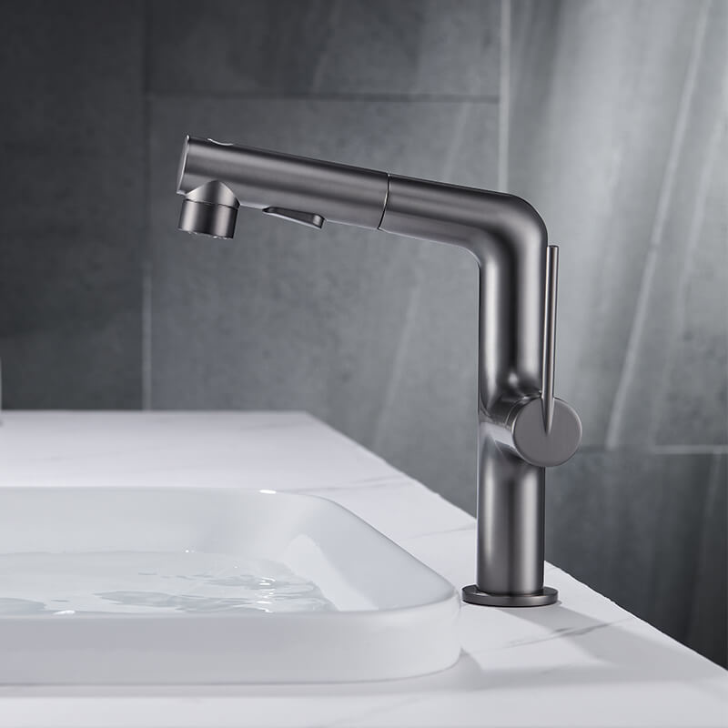 Bathroom Gunmetal Grey Rotatable Single Handle Hot And Cold Spray Pull Out Basin Sink Faucet modern faucet pull out basin faucet deck mounted sink mixer