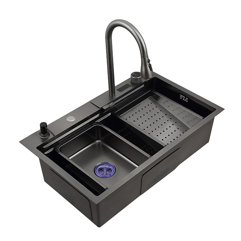 18 Gauge 304 Stainless Steel Single Bowl Kitchen Sink with Digital Waterfall Faucet Smart Touch LED Display Undermount Design 18 Gauge 304 Stainless Steel Single Bowl حوض مطبخ أحادي الوعاء من الفولاذ المقاوم للصدأ 304 مقاس 18 مع صنبور شلال رقمي بشاشة لمس ذكية LED تصميم مثبت أسفل الحوض