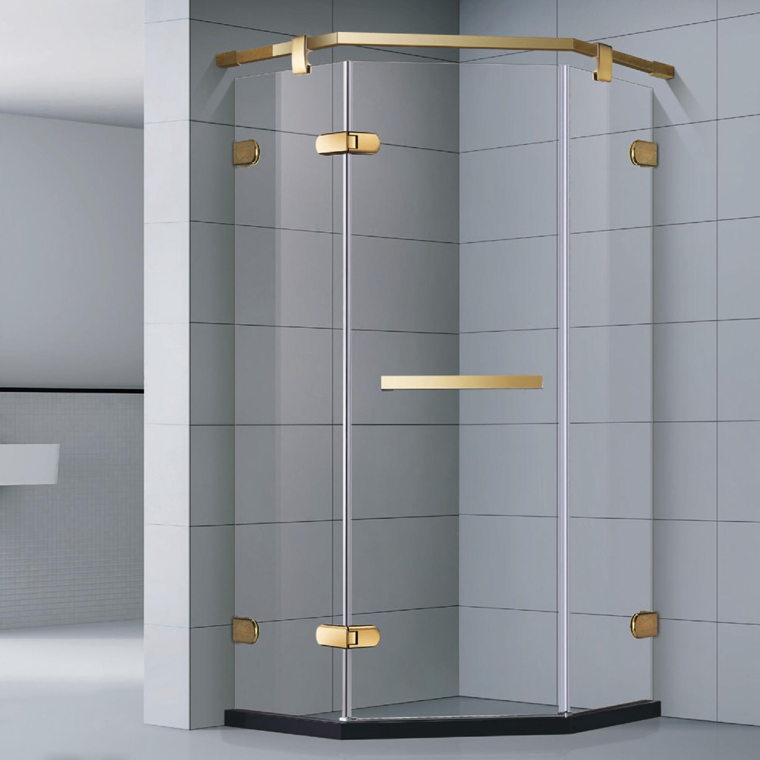 Painel sem moldura personalizado latão dourado dobradiça swing vidro transparente porta de chuveiro para hotel casa dobradiça de aço inoxidável personalizada transparente porta de vidro temperado portas de chuveiro de banheiro douradas MP0231ZR Porta de chuveiro de vidro transparente com dobradiça dourada de latão com painel sem moldura personalizado para casa de hotel