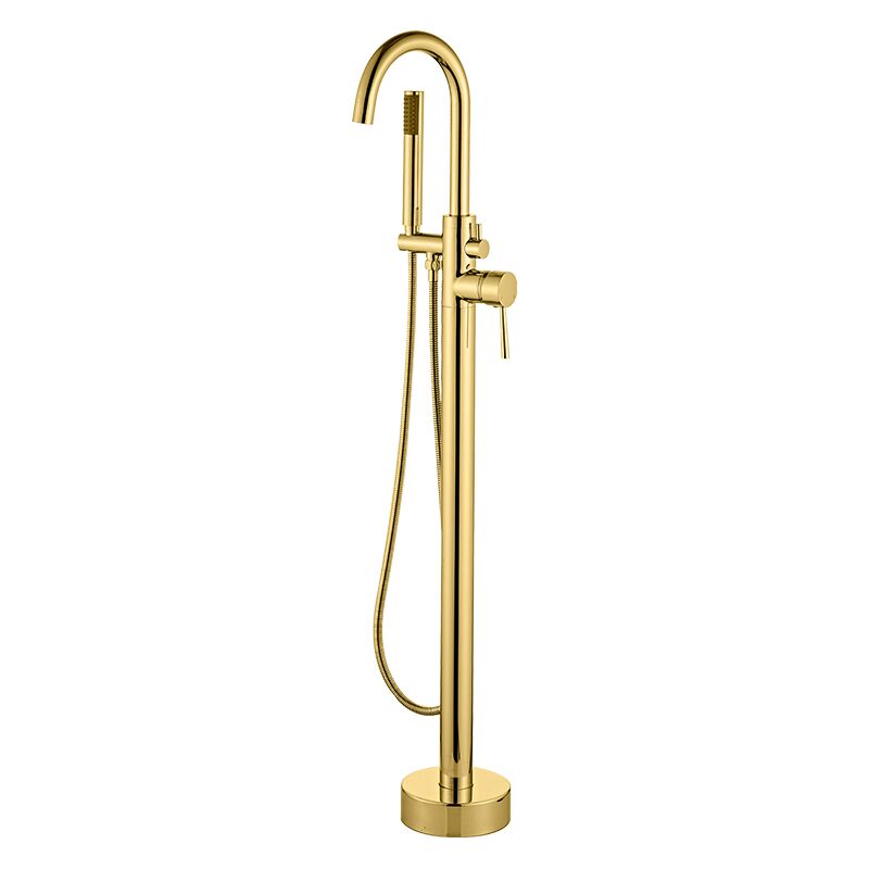 Freestanding bathtub faucet brass bathroom shower faucet set with brush gold shower and bath mixer tap faucets professional manufacture bathroom brass gold plating floor mounted bathtub faucet with Handheld Shower 2 mopo bathtub faucet Grifo de bañera independiente, juego de grifo de ducha de baño de latón con cepillo, grifo mezclador de ducha y baño dorado