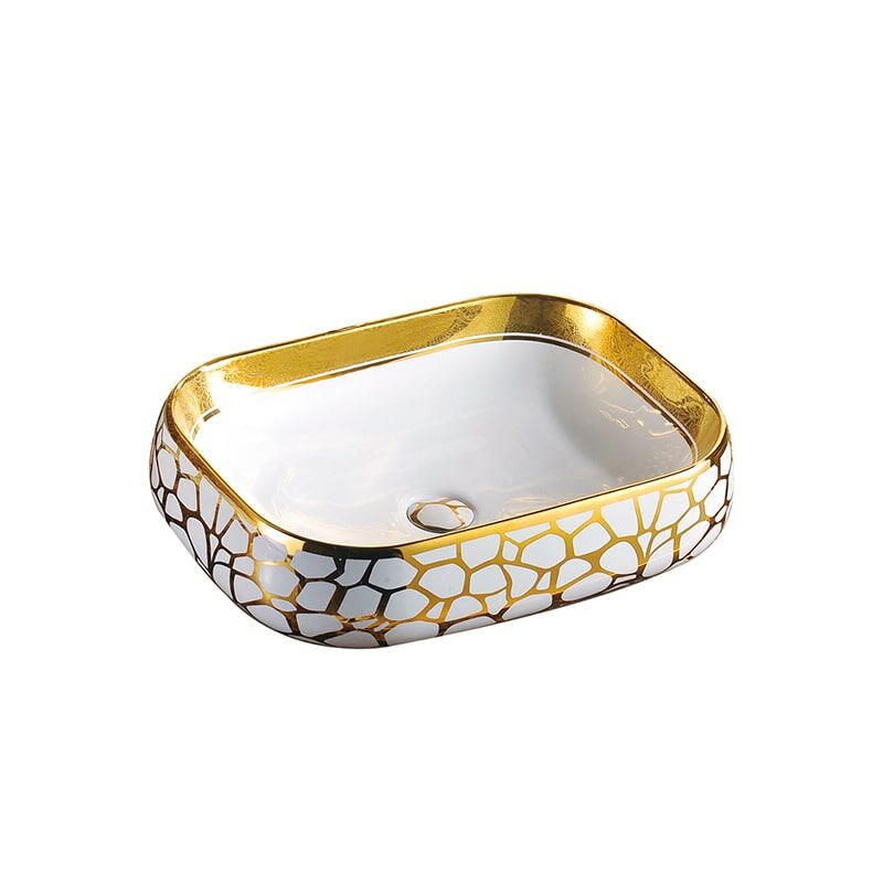 Fabricante atacado personalizado topo fantasia ouro torneira da pia do banheiro tigela única pia lavatório banhado a ouro vaidade banheiro pia ouro cerâmica bancada bacia 1 bathroom golden ceramic washbasin