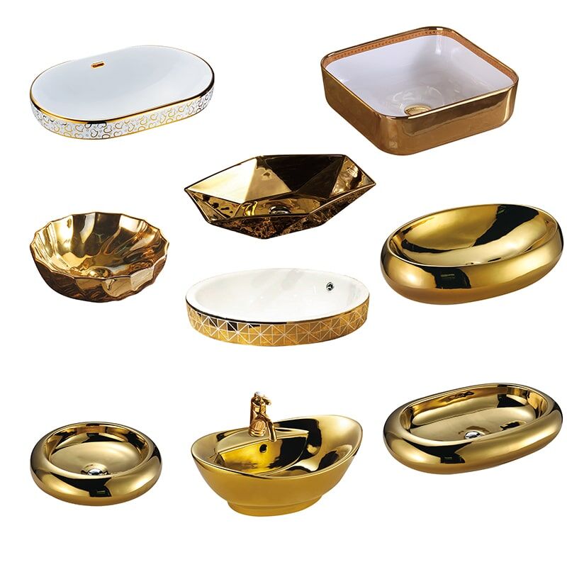 China Atacado Novo MP506 Gold Wash Basin Banheiro, Gold Plated Pattern Basin Gold plated pattern washbasin 1 Lavatório de cerâmica dourada Pia dourada Banheiro