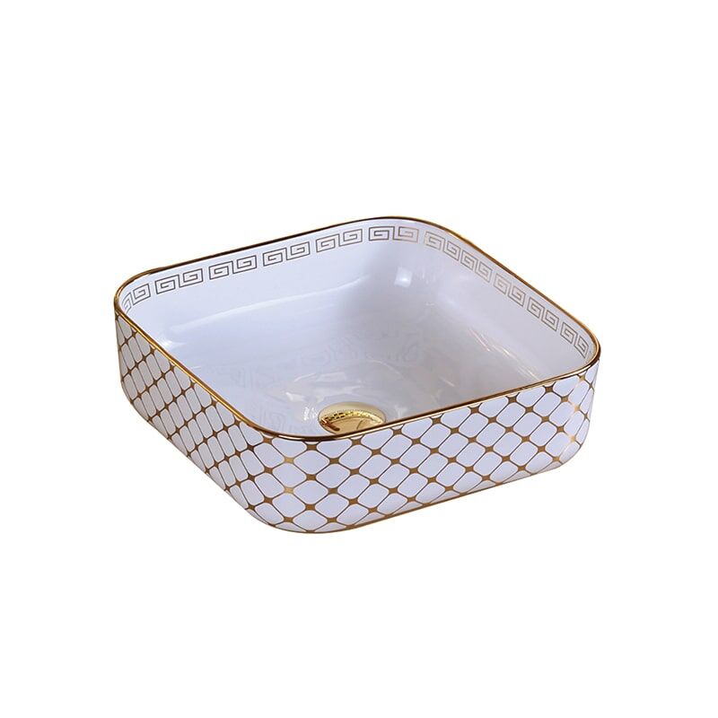 China Hot Sale Novo Quadrado Eletropating Golden Edge Art Bacia Hotel MP Cerâmica 0343 Luxo quadrado banheiro vaidade 8 Mais vendido único furo quadrado ouro impressão cerâmica banheiro arte bacia