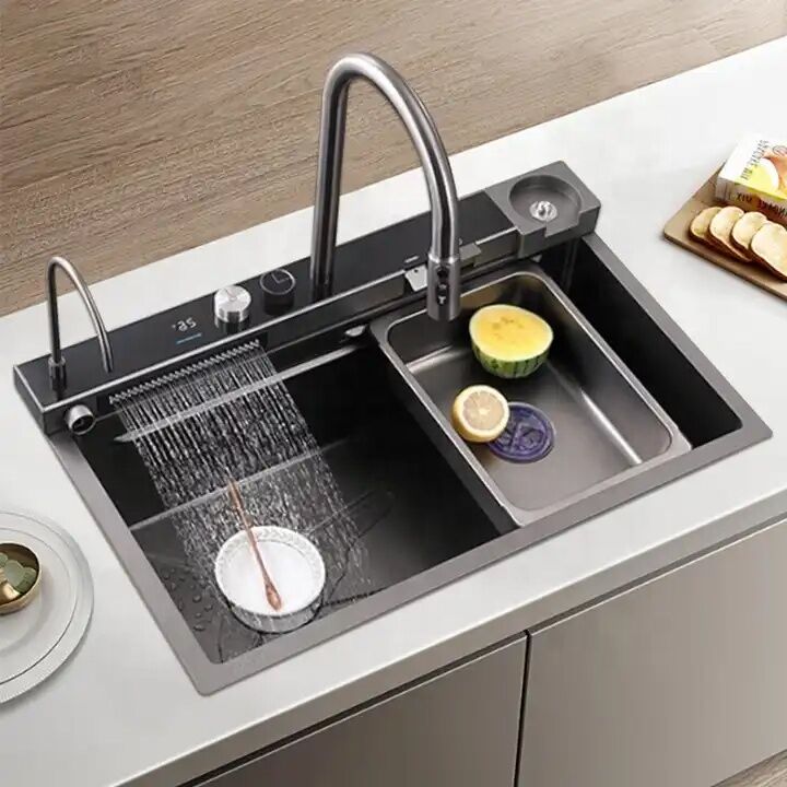 2025 New Design Nano Surface 16 Gauge Stainless Steel Waterfall Kitchen Sink 2025 New Design Nano Surface 16 Gauge 2025 Reka Bentuk Baharu Nano Surface 16 Tolok Keluli Tahan Karat Waterfall Sinki Dapur