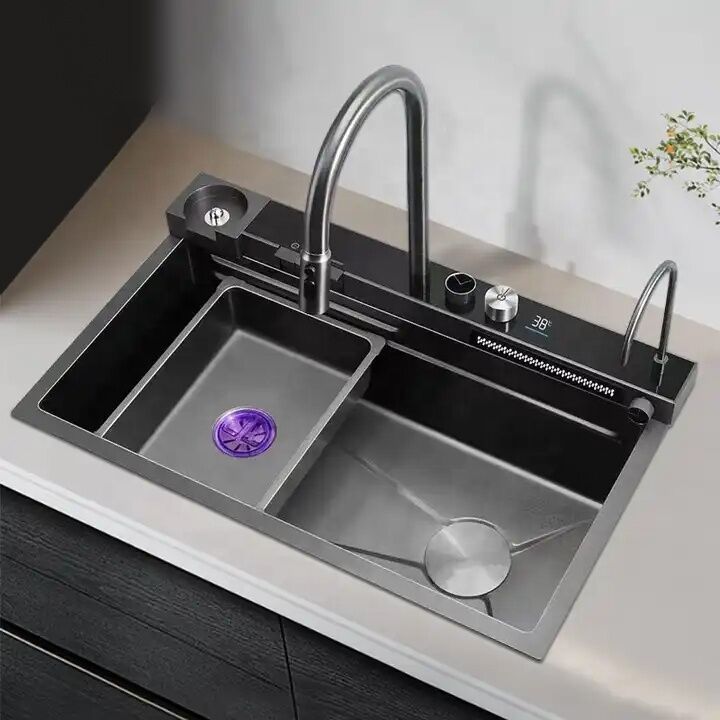 2025 Trendy Design Nano Surface Kitchen Sink with Rainfall Waterfall 2025 Trendy Design Nano Surface Kitchen Sink حوض مطبخ بتصميم عصري لعام 2025 مع سطح نانوي وشلال مطري