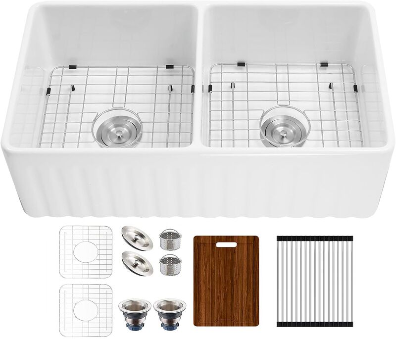 Ceramic Farmhouse Sink Apron Front Farm Porcelain Double Bowl Kitchen Sink with Accessories 33 L X 18 W Stain Ceramic Farmhouse Sink Apron Front Farm Porcelain Double Bowl Kitchen Sink with Accessories