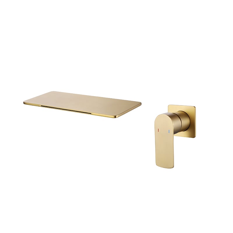 Wholesale Brush Golden Brass Bathroom Sink Faucet Single Handle Square Hot and Cold Brass Waterfall Wall Mounted Faucet Brush Golden Finished Single Handle Square Hot and Cold Brass Wall Mounted Basin Faucet 1 Venta al por mayor, grifo de lavabo de baño de latón dorado con cepillo, grifo cuadrado de un solo mango, grifo montado en la pared de cascada de latón frío y caliente