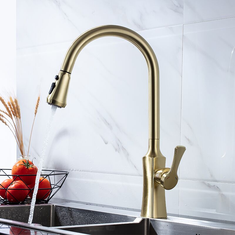 Golden brushed flexible rotating single handle hot and cold pull out the kitchen faucet Golden brushed SUS304 stainless steel flexible rotating single handle hot and cold pull out the kitchen faucet 1 Golden brushed flexible rotating single handle hot and cold pull out the kitchen faucet