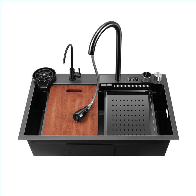 High-Quality 18 Gauge 304 Stainless Steel Kitchen Sink Single Bowl Design with Waterfall Faucet & Digital Temperature Display High Quality 18 Gauge 304 Stainless Steel High-Quality 18 Gauge 304 Stainless Steel Kitchen Sink Single Bowl Design with Waterfall Faucet & Digital Temperature Display