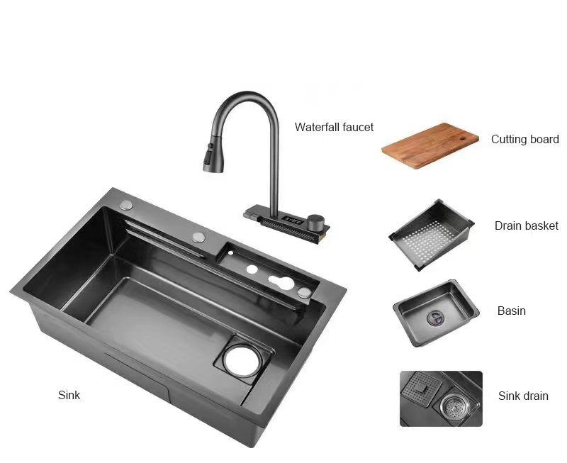 High Quality Hand-Made Stainless Steel Double Bowl Sink Set Temperature Digital Display Faucet Multi-Mode Withdrawable Faucet High Quality Hand Made Stainless Steel Double High Quality Hand-Made Stainless Steel Double Bowl Sink Set Temperature Digital Display Faucet Multi-Mode Withdrawable Faucet