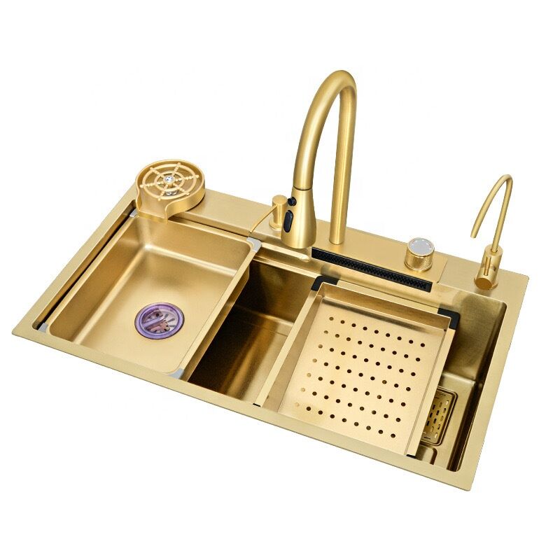 Luxury Gold Stainless Steel Single Bowl Kitchen Sink with Waterfall Faucet Commercial Grade 304 Extra Large Undermount Design Luxury Gold Stainless Steel Single Bowl Kitchen Luxury Gold Stainless Steel Single Bowl Kitchen Sink with Waterfall Faucet Commercial Grade 304 Extra Large Undermount Design