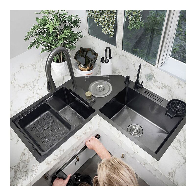 Modern Handmade Black Nano Double Kitchen Sink Rectangular Vegetable Wash Basin with Faucet Multi-Functional Corner Double Sink Modern Handmade Black Nano Double Kitchen Sink Modern Handmade Black Nano Double Kitchen Sink Rectangular Vegetable Wash Basin with Faucet Multi-Functional Corner Double Sink
