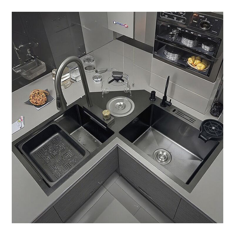 Modern Handmade Stainless Steel Kitchen Sink Black Nano Multi-Functional Double and Triple Bowl Corner Vegetable Wash Basin Modern Handmade Stainless Steel Kitchen Sink Black Modern Handmade Stainless Steel Kitchen Sink Black Nano Multi-Functional Double and Triple Bowl Corner Vegetable Wash Basin