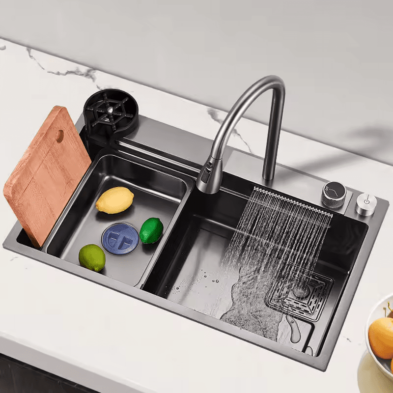 Modern Intelligent Kitchen Sink with Side Outfall -Extensible Water Outlet Tap-Cup Washer- Cutting Board Modern Intelligent Kitchen Sink with Side Modern Intelligent Kitchen Sink with Side Outfall -Extensible Water Outlet Tap-Cup Washer- Cutting Board