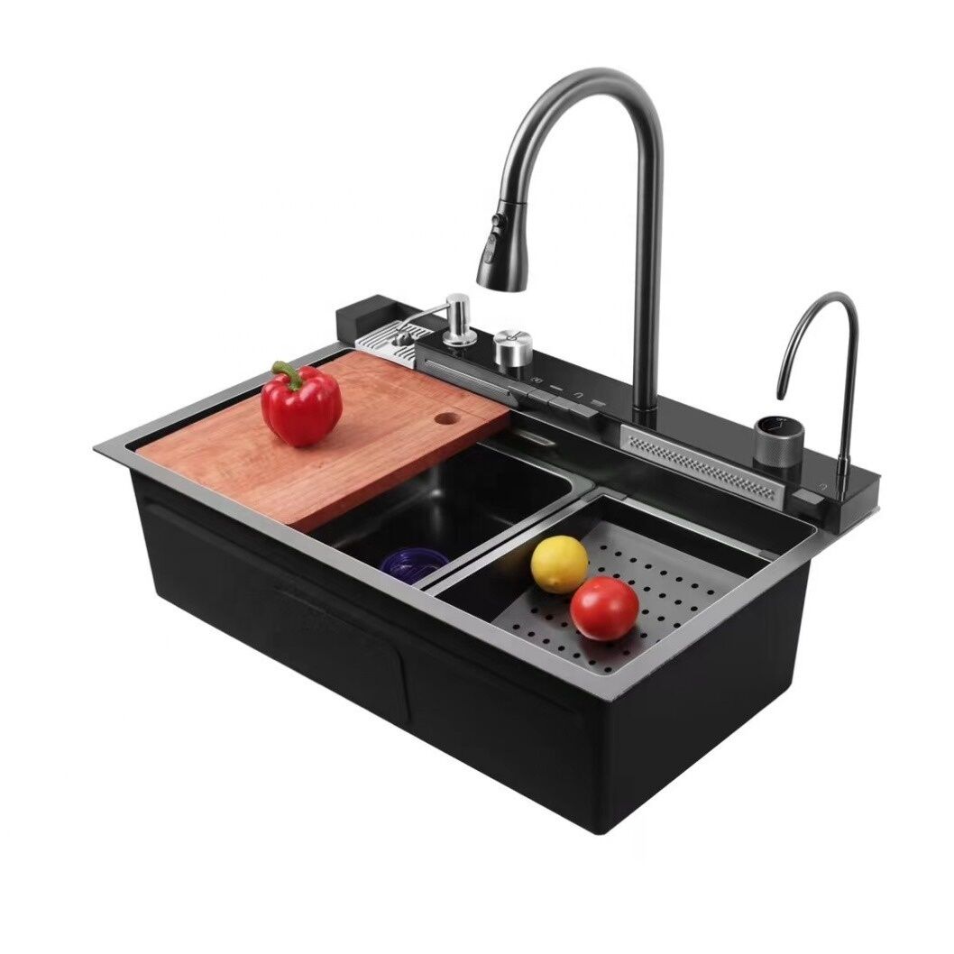 Multifunctional 304 Stainless Steel Kitchen Sink with Waterfall Faucet & LED Display - Anti-Scratch Single Bowl Multifunctional 304 Stainless Steel Kitchen Sink with Multifunctional 304 Stainless Steel Kitchen Sink with Waterfall Faucet & LED Display - Anti-Scratch Single Bowl