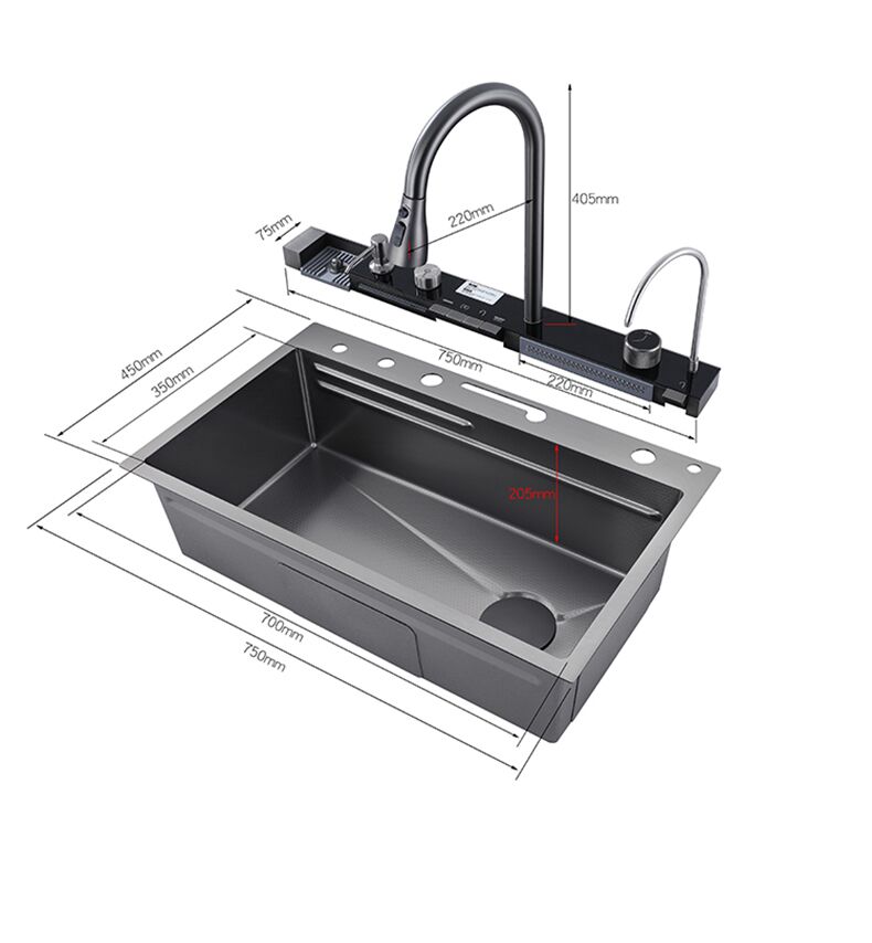304 Stainless Steel Single Bowl Kitchen Sink Waterfall Style with Temperature Display Pull-Out Faucet Four Holes PVD Nano 304 Stainless Steel Single Bowl 304 Stainless Steel Single Bowl Kitchen Sink Waterfall Style with Temperature Display Pull-Out Faucet Four Holes